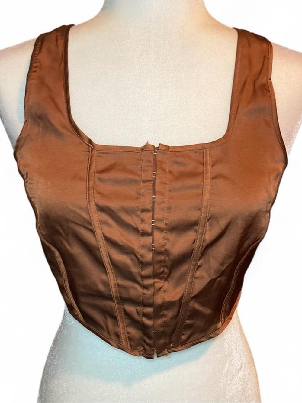 Brown Satin Hook-Front Crop Top